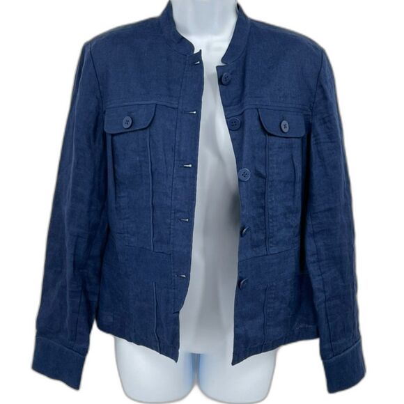 Coldwater Creek Casual Jacket Womens 10 Blue 100% Linen Button Up Breathable - Picture 1 of 10